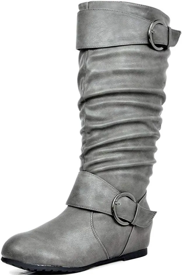 DREAM PAIRS Women's Wide Calf Knee High Boots, Fur-lined Low Hidden Wedge Boots