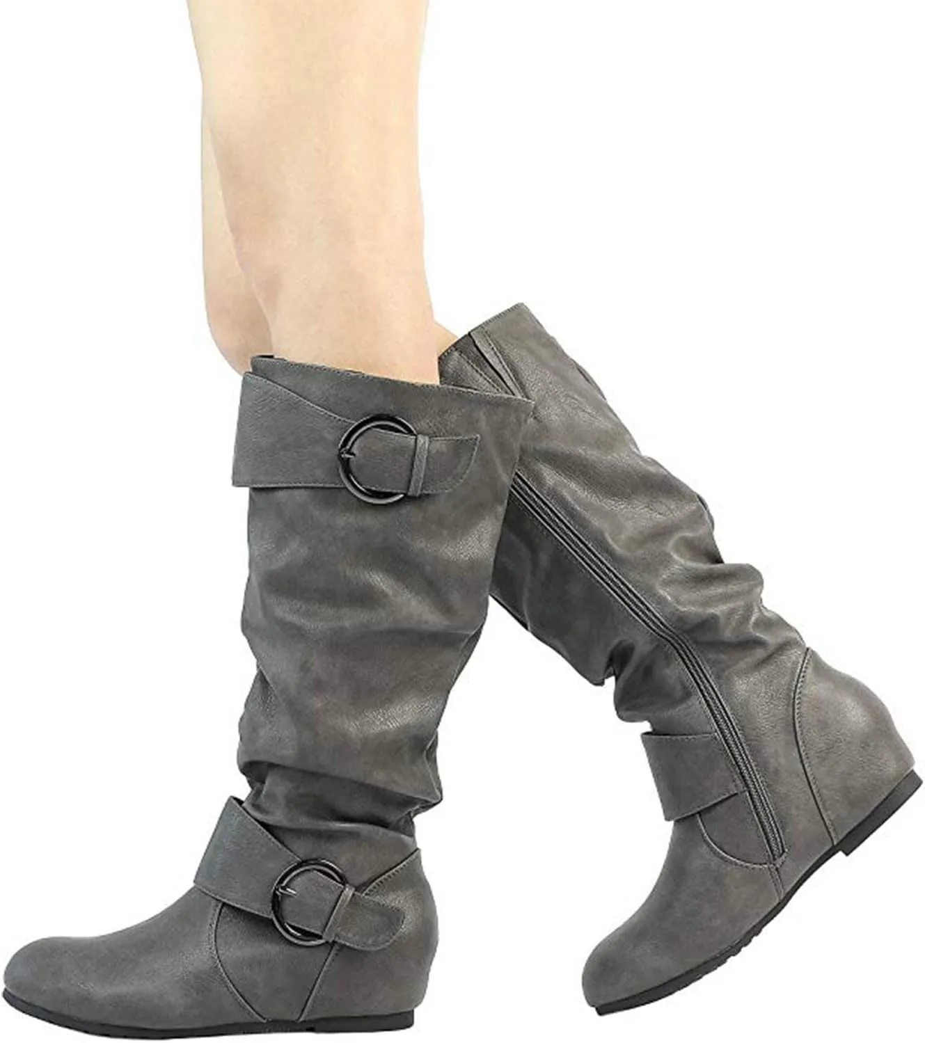 DREAM PAIRS Women's Wide Calf Knee High Boots, Fur-lined Low Hidden Wedge Boots