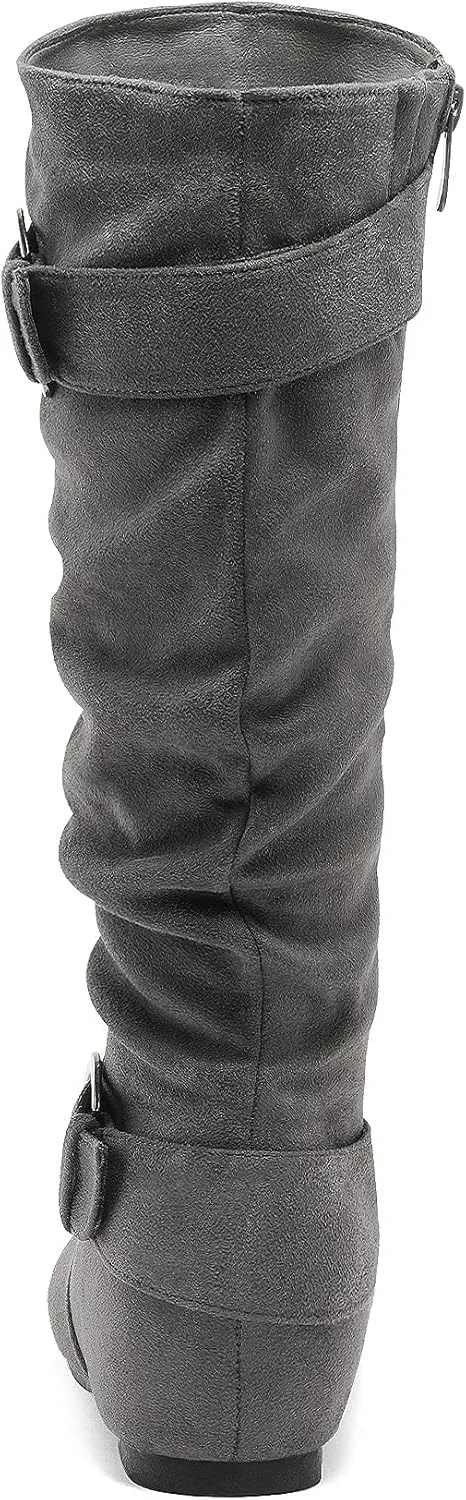 DREAM PAIRS Women's Wide Calf Knee High Boots, Fur-lined Low Hidden Wedge Boots