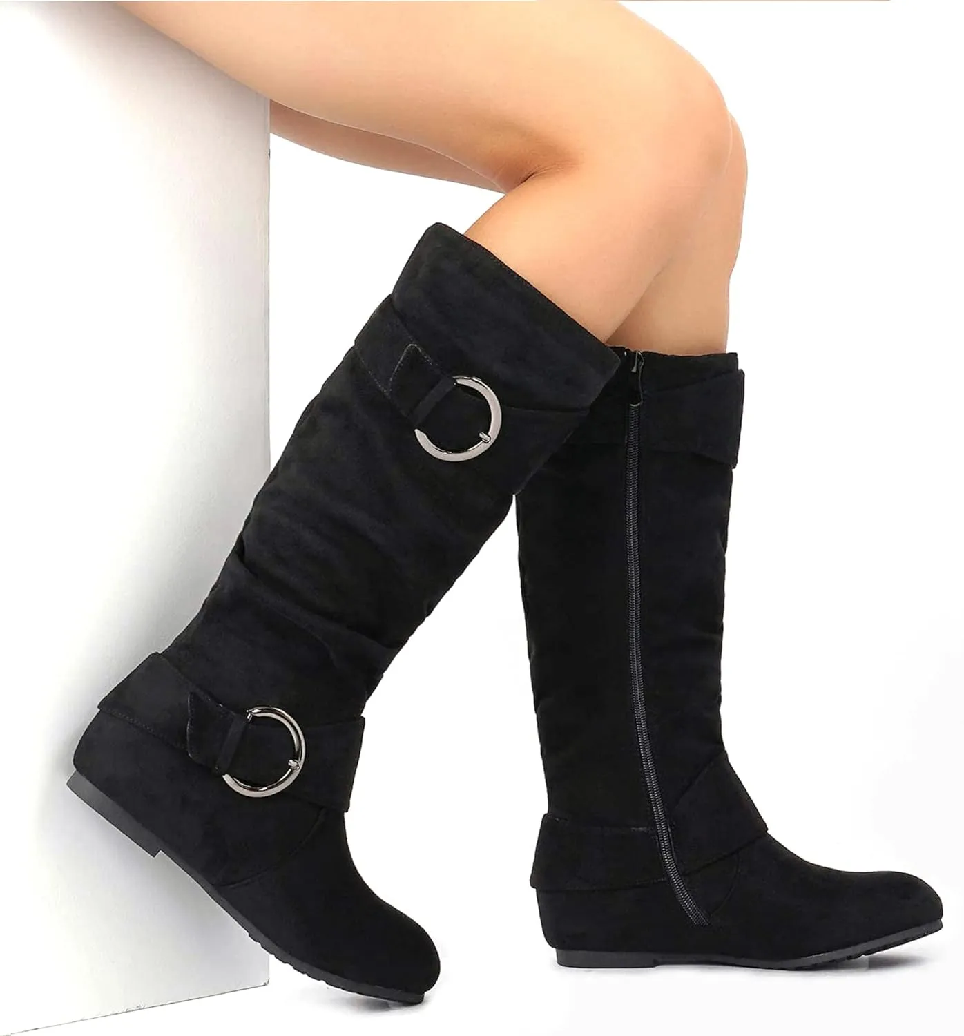 DREAM PAIRS Women's Wide Calf Knee High Boots, Fur-lined Low Hidden Wedge Boots