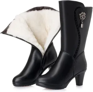 Duberess Women's Wool Lined Warm Winter Anti Slip Zip Chunky Heel Fashion Mid-calf Boots