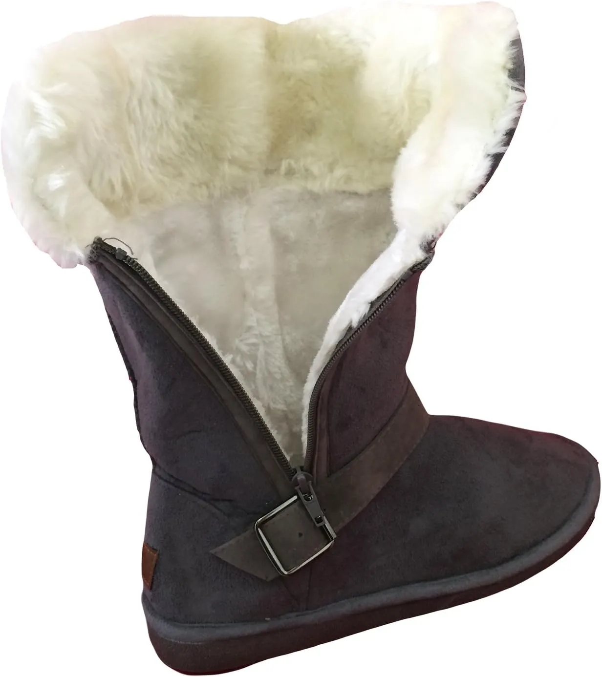 E-5520 Women's Winter Boots Faux Suede Fashion Folded Buckled Strap Side Zipper Mid-Calf Warm Fur Shoes 4 Colors, Black, Brown, Gray, Tan