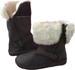 E-5520 Women's Winter Boots Faux Suede Fashion Folded Buckled Strap Side Zipper Mid-Calf Warm Fur Shoes 4 Colors, Black, Brown, Gray, Tan