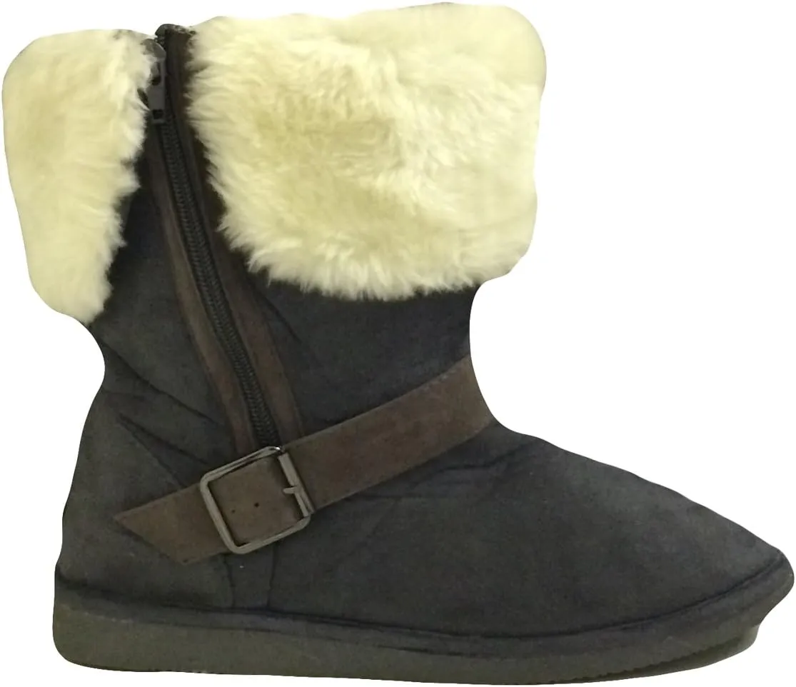E-5520 Women's Winter Boots Faux Suede Fashion Folded Buckled Strap Side Zipper Mid-Calf Warm Fur Shoes 4 Colors, Black, Brown, Gray, Tan