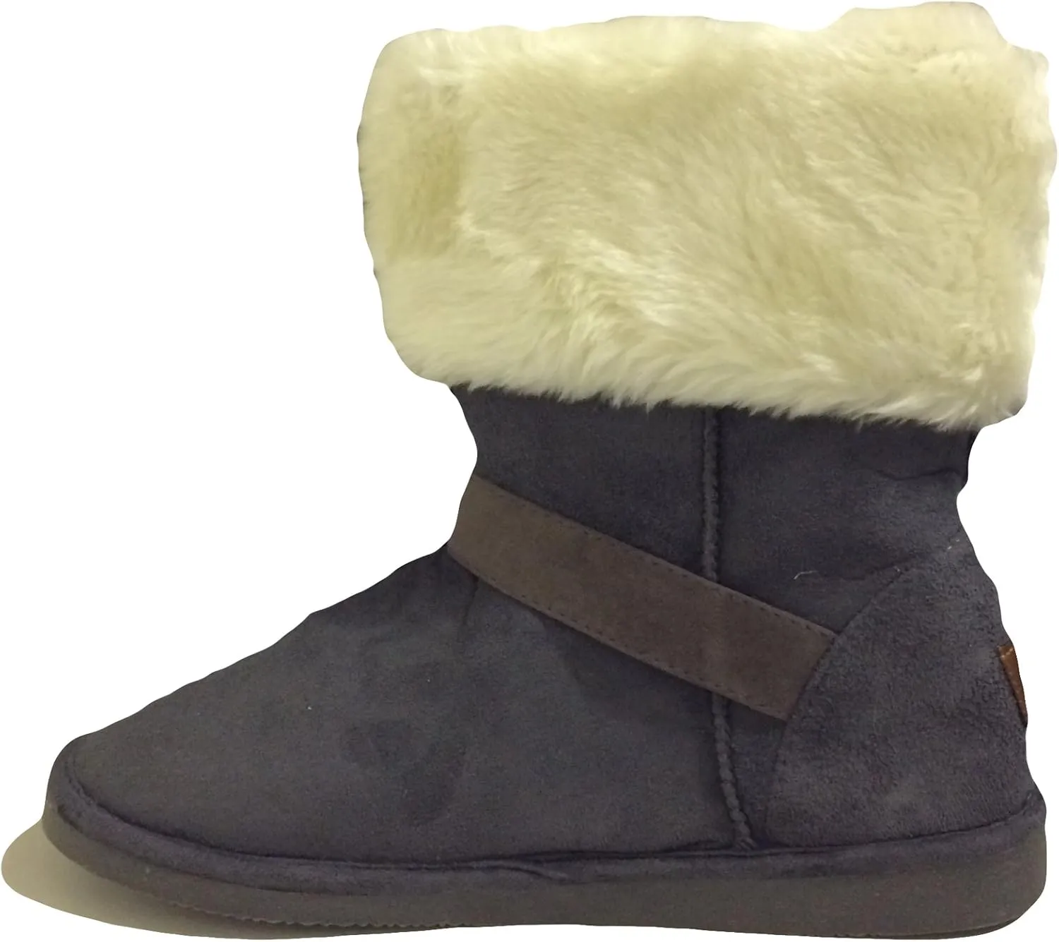 E-5520 Women's Winter Boots Faux Suede Fashion Folded Buckled Strap Side Zipper Mid-Calf Warm Fur Shoes 4 Colors, Black, Brown, Gray, Tan
