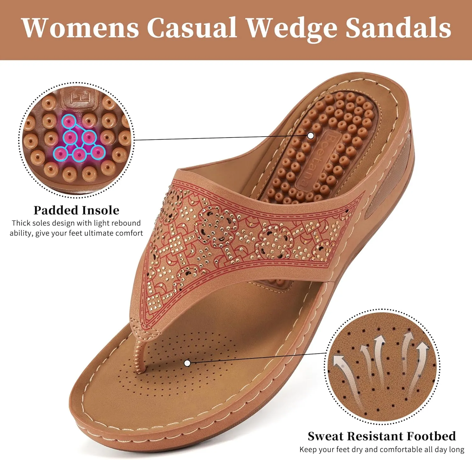 Ecetana Womens Sandals Dressy Wedge: Comfortable Summer Flip Flops Non Slip Rhinestone Platform Shoes Ladies Casual Beach Sandals for Women