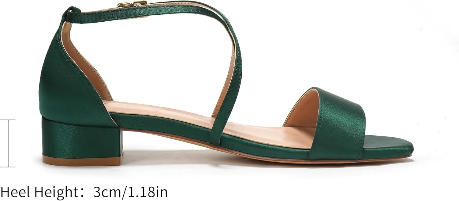 Elivandon J1584 Women's Satin Low-Heel Evening Sandals Open Toe 1.18 inches Block Heel Satin Pumps Evening Party Bridal Wedding Shoes