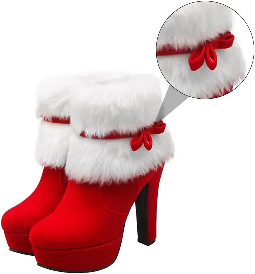 ERINGOGO Women Christmas Ankle Boots, Winter Fur Lined Platform Pointed Toe Suede High Heel, Side Zipper Santa Claus Booties