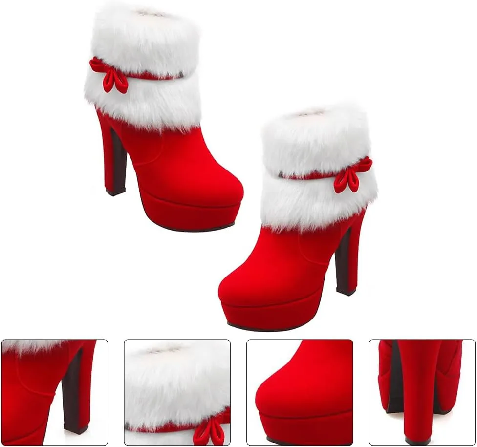 ERINGOGO Women Christmas Ankle Boots, Winter Fur Lined Platform Pointed Toe Suede High Heel, Side Zipper Santa Claus Booties