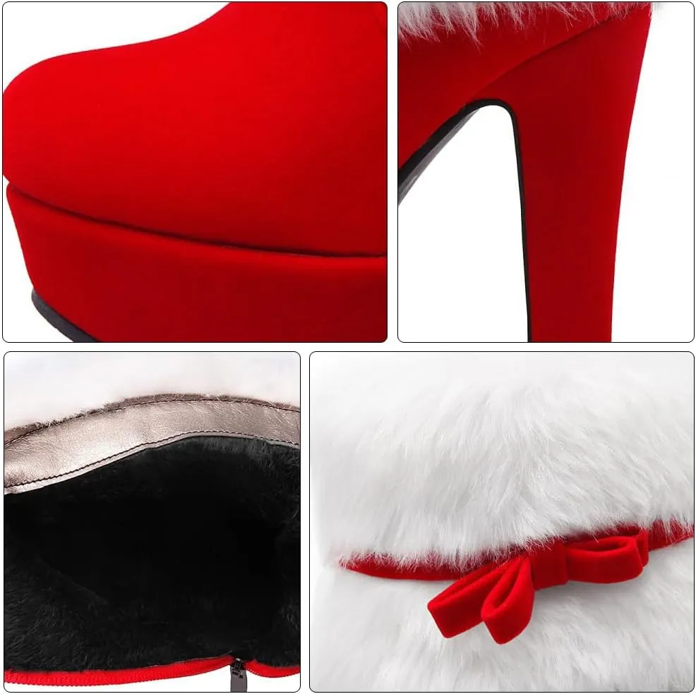 ERINGOGO Women Christmas Ankle Boots, Winter Fur Lined Platform Pointed Toe Suede High Heel, Side Zipper Santa Claus Booties
