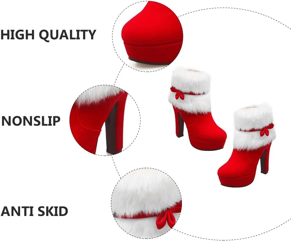 ERINGOGO Women Christmas Ankle Boots, Winter Fur Lined Platform Pointed Toe Suede High Heel, Side Zipper Santa Claus Booties