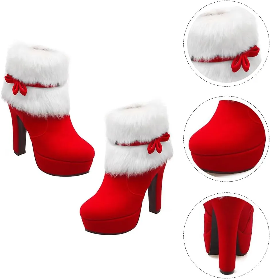 ERINGOGO Women Christmas Ankle Boots, Winter Fur Lined Platform Pointed Toe Suede High Heel, Side Zipper Santa Claus Booties