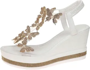 Espadrilles Rhinestone Wedges Sandals for Women,Platform Fashionable Butterfly Decoration Rhinestones Summer Dressy Open Toe Sandals Bohemian Beach Walking Party Elastic Ankle Strap Shoes