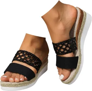 Espadrilles Woven Wedge Platform Sandals for Women,2025 Espadrilles Open Toe Hollow Out Summer Dressy Sandals Slip on Comfortable Wide Width Walking Beach Slides Slippers