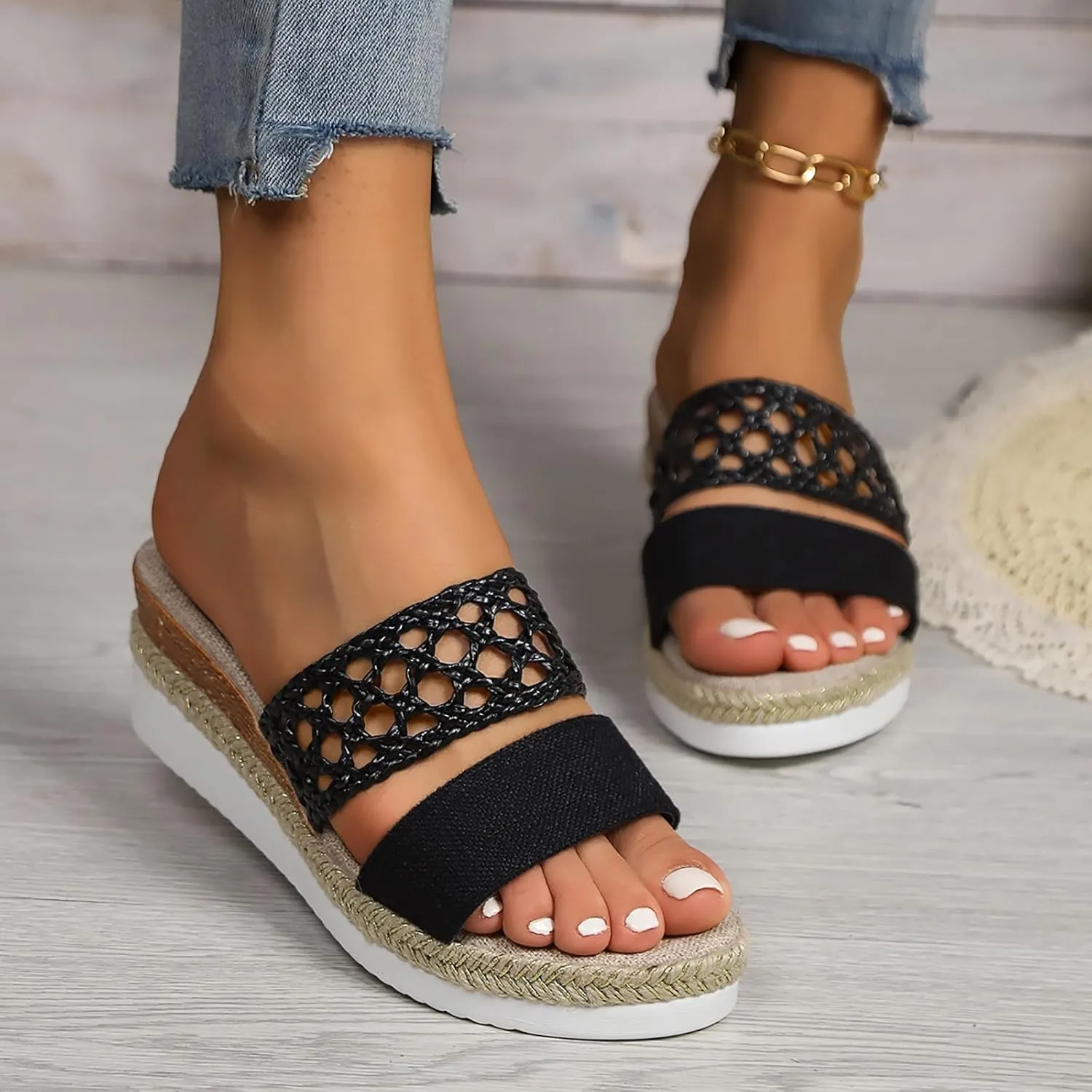 Espadrilles Woven Wedge Platform Sandals for Women,2025 Espadrilles Open Toe Hollow Out Summer Dressy Sandals Slip on Comfortable Wide Width Walking Beach Slides Slippers