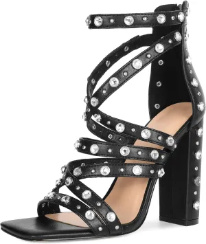 Esvowido Women Chunky Heels Square Open Toe Block Gladiator Heels with Rhinestone Bead Dressy Ankle Strap Sandals for Party Wedding Evening Date