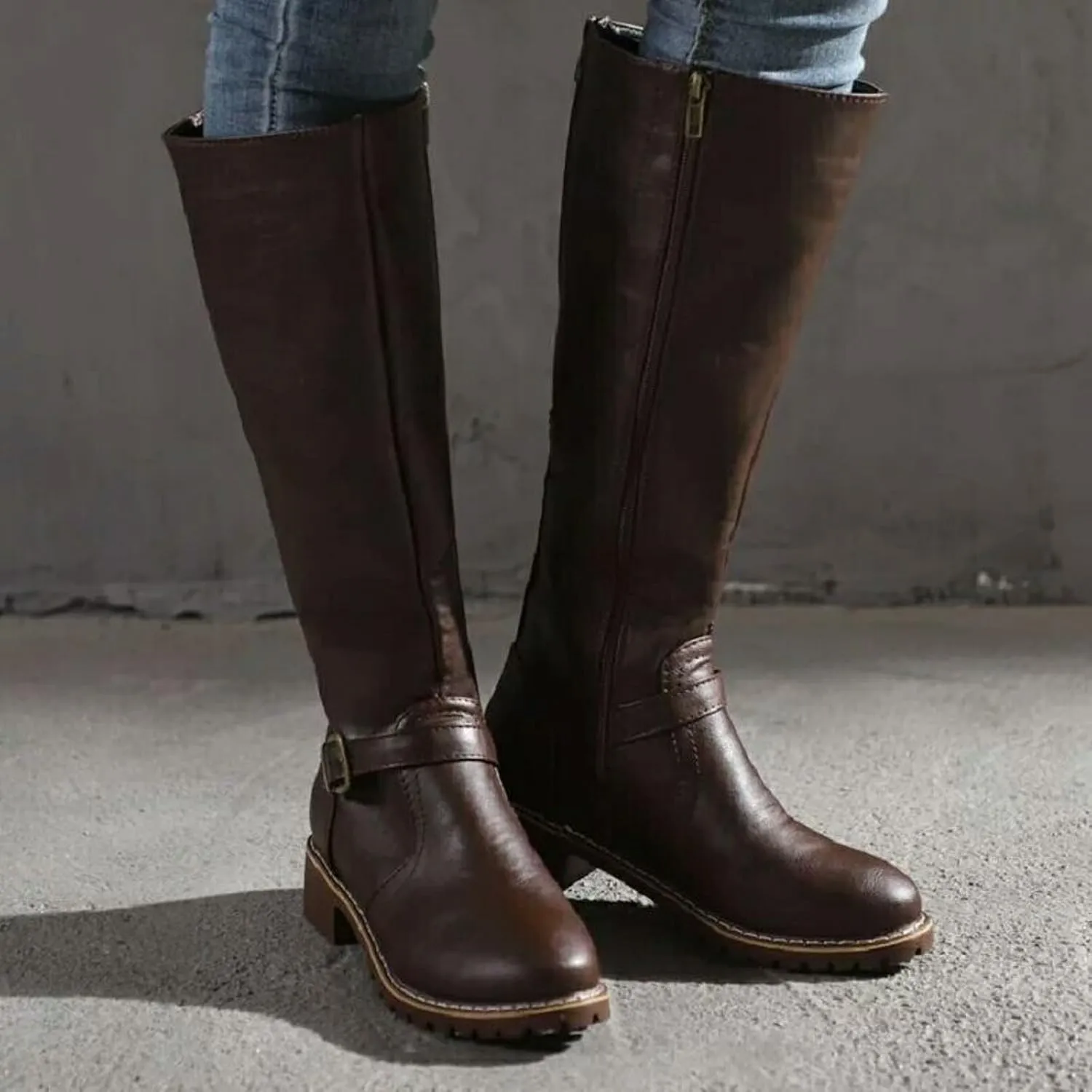 Fall Boots Womens Knee High Boots Side Zipper Motorcycle Boots Chunky Low Heel Fashion Buckles Biker Riding Boots
