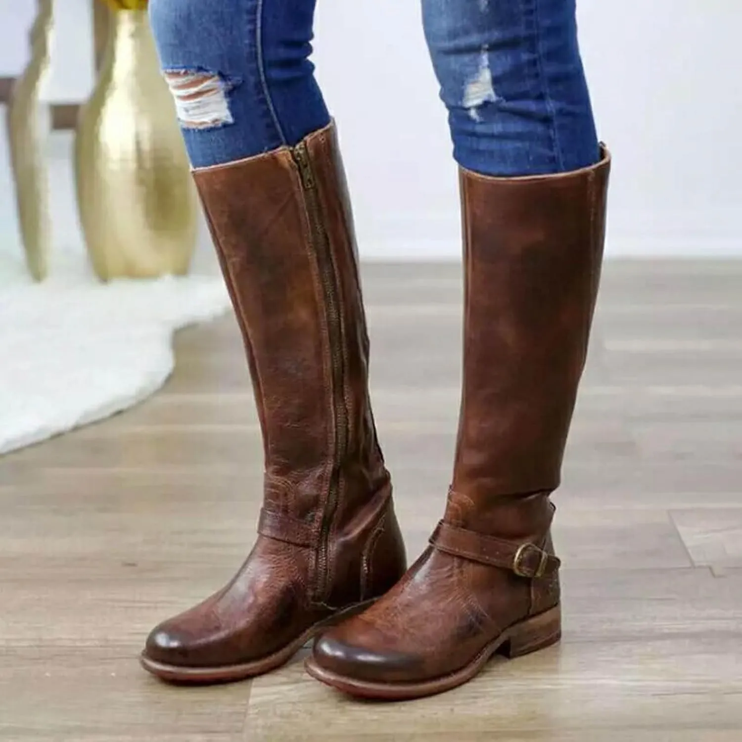 Fall Boots Womens Knee High Boots Side Zipper Motorcycle Boots Chunky Low Heel Fashion Buckles Biker Riding Boots