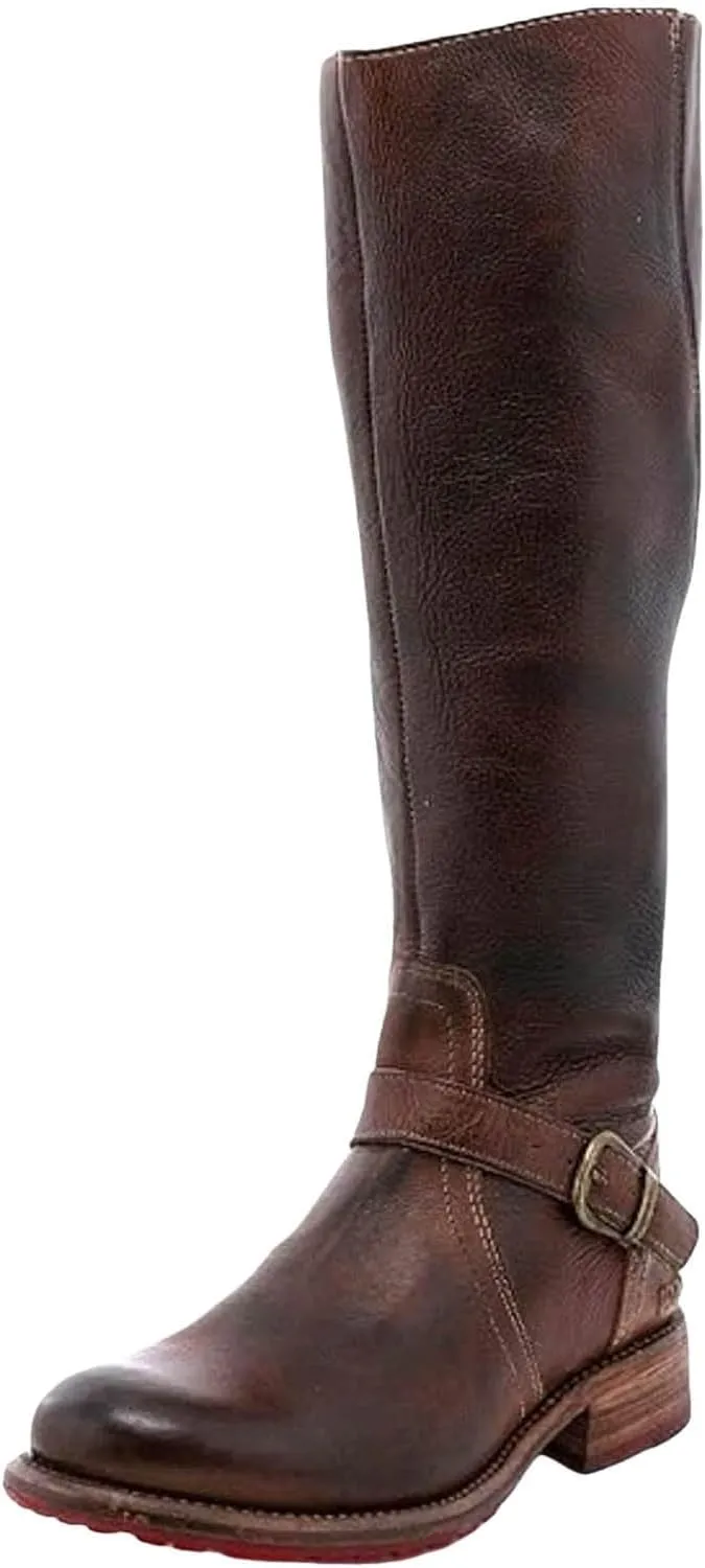 Fall Boots Womens Knee High Boots Side Zipper Motorcycle Boots Chunky Low Heel Fashion Buckles Biker Riding Boots