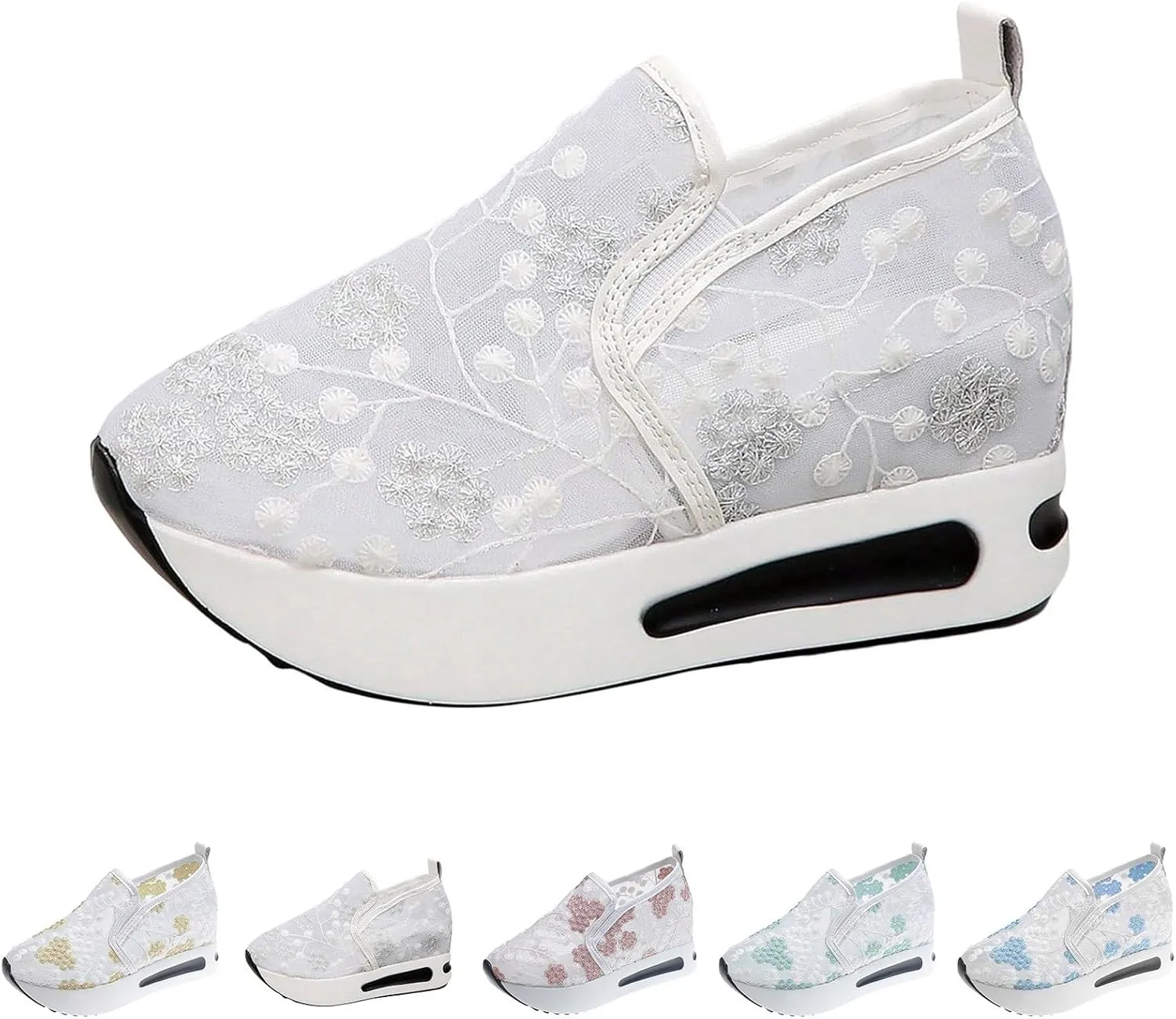 Fashion Sneakers for Women 2025, Floral Embroidery Breathable Sheer Mesh Lace Sneakers Slip on Sneakers Platform Wedge Sneakers Dressy Casual Walking Shoes (a-White, 8)