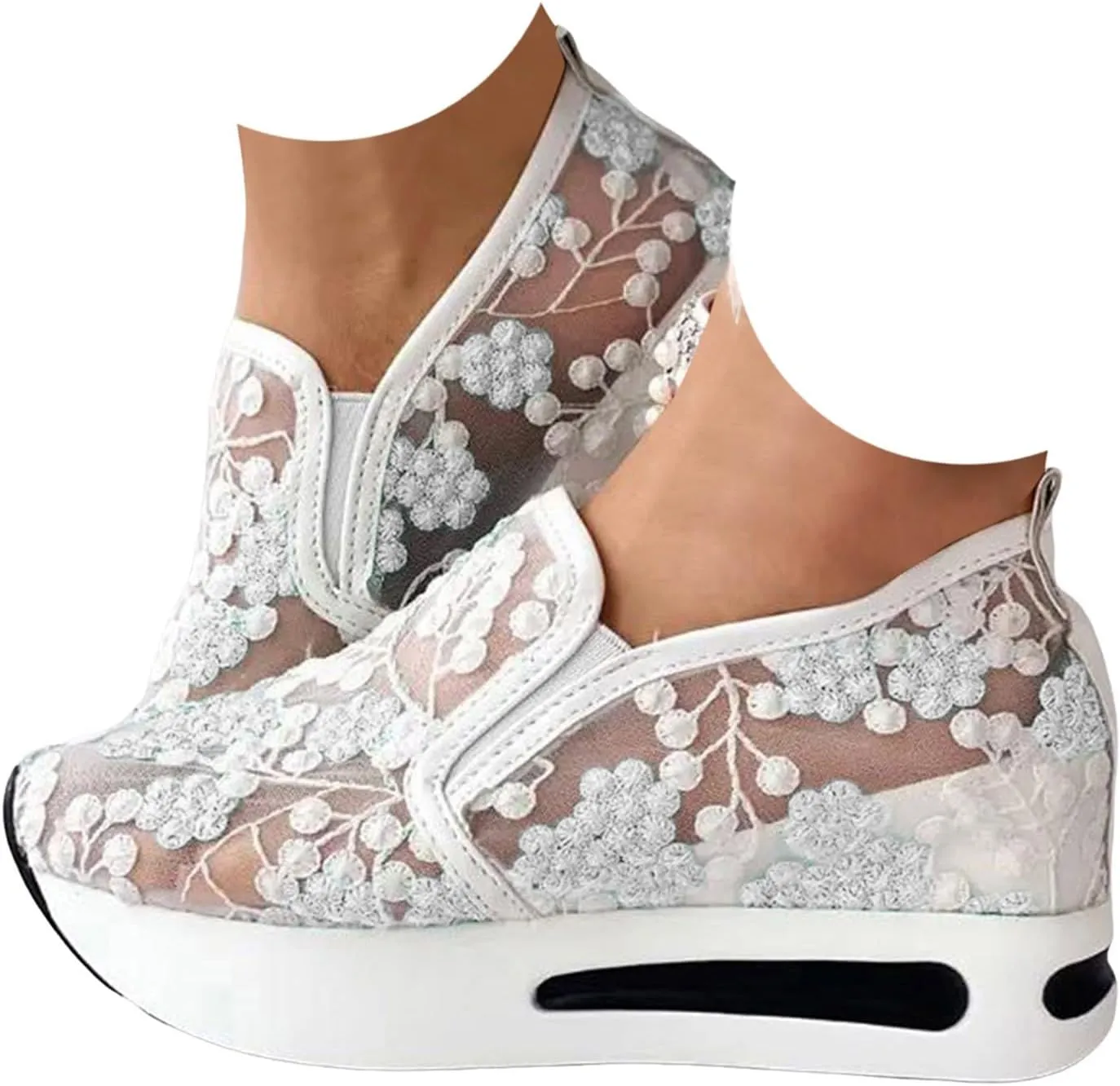 Fashion Sneakers for Women 2025, Floral Embroidery Breathable Sheer Mesh Lace Sneakers Slip on Sneakers Platform Wedge Sneakers Dressy Casual Walking Shoes (a-White, 8)