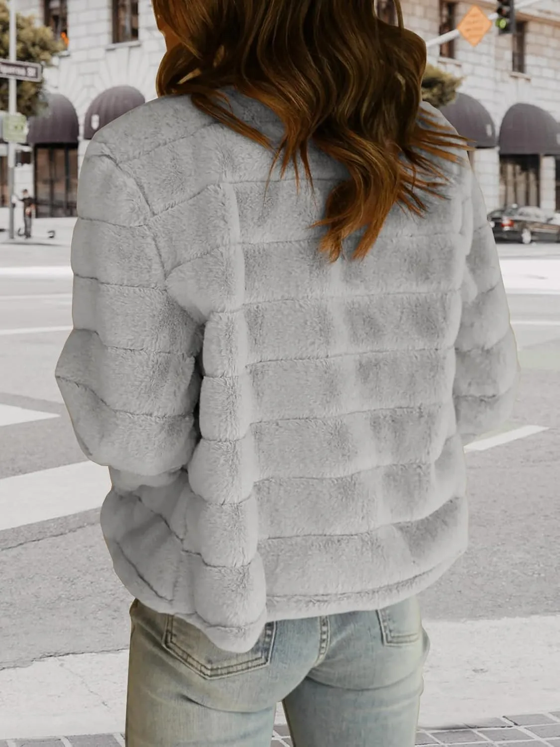 Fisoew Womens Cropped Faux Fur Jackets Long Sleeve Open Front Fluffy Short Coats