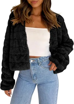 Fisoew Womens Cropped Faux Fur Jackets Long Sleeve Open Front Fluffy Short Coats