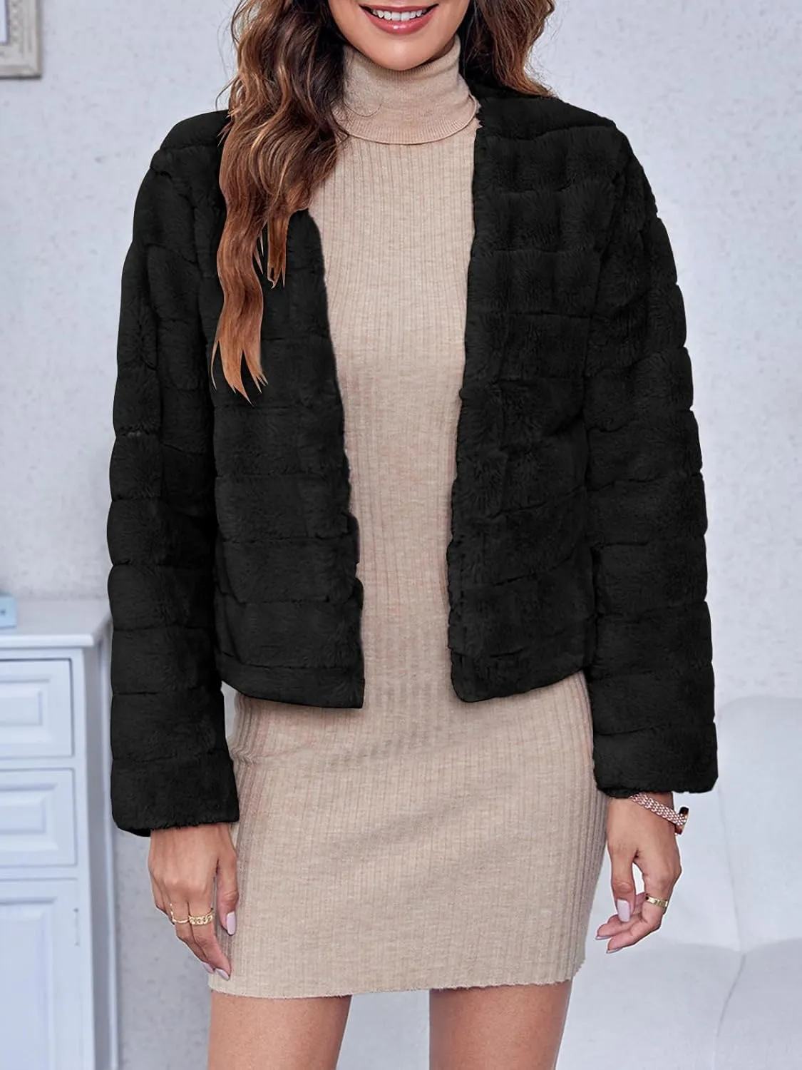 Fisoew Womens Cropped Faux Fur Jackets Long Sleeve Open Front Fluffy Short Coats