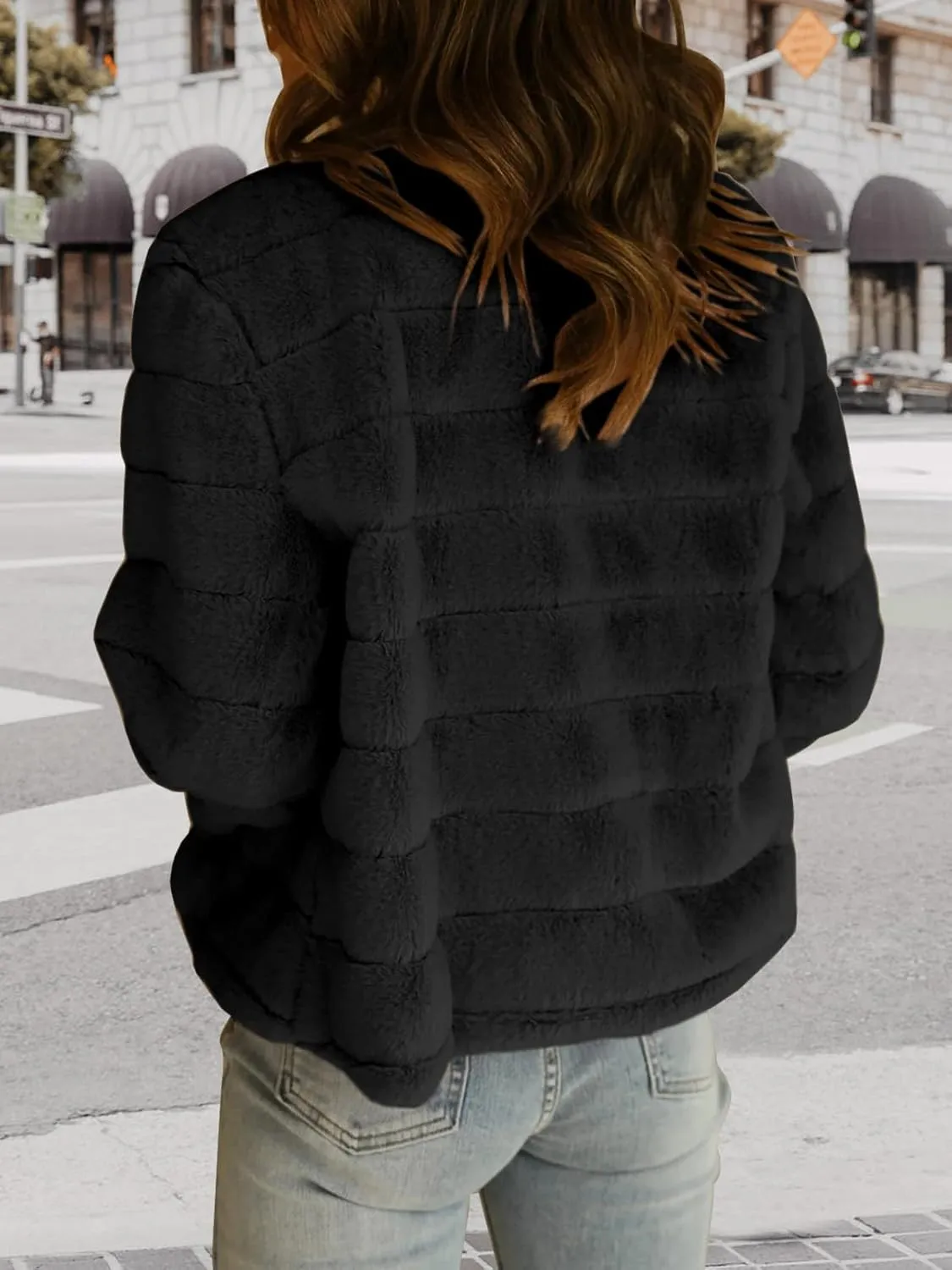 Fisoew Womens Cropped Faux Fur Jackets Long Sleeve Open Front Fluffy Short Coats