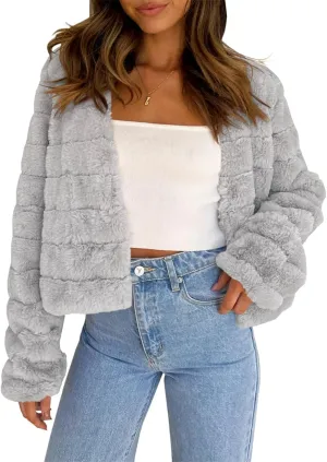 Fisoew Womens Cropped Faux Fur Jackets Long Sleeve Open Front Fluffy Short Coats