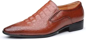 Formal Business Loafers for Men Casual Crocodile Embossed Oxford Shoes Slip on Faux Leather Burnished Pointed Toe Dual Elastic Band Block Heel Casual