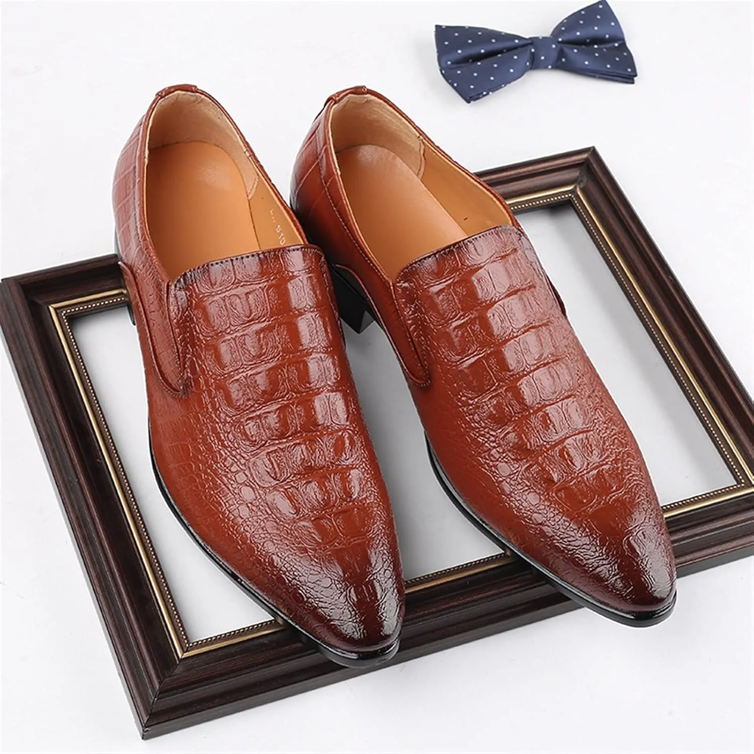 Formal Business Loafers for Men Casual Crocodile Embossed Oxford Shoes Slip on Faux Leather Burnished Pointed Toe Dual Elastic Band Block Heel Casual