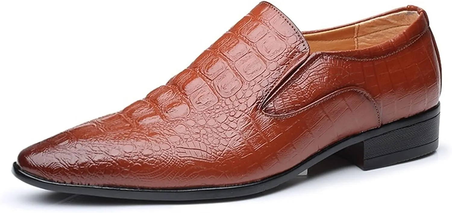 Formal Business Loafers for Men Casual Crocodile Embossed Oxford Shoes Slip on Faux Leather Burnished Pointed Toe Dual Elastic Band Block Heel Casual
