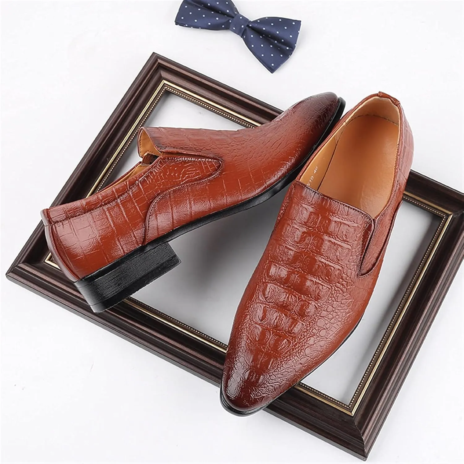 Formal Business Loafers for Men Casual Crocodile Embossed Oxford Shoes Slip on Faux Leather Burnished Pointed Toe Dual Elastic Band Block Heel Casual