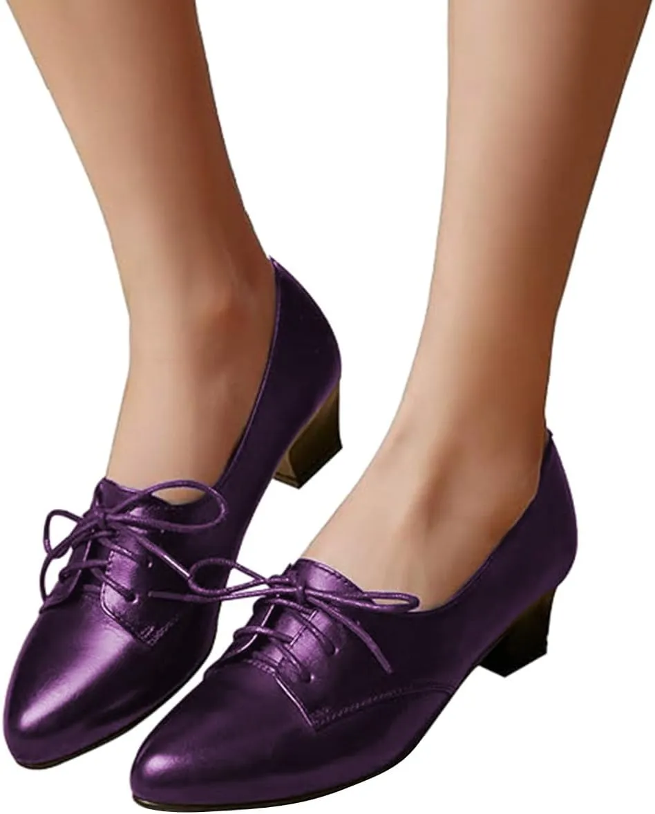FOWT Women Comfort Lace-Up Loafers Pointed Closed Toe Chunky Block Low Heel Tie Up Slip-on Pumps Burnished Leisure Shoes for Ladies Girls Dress Jeans Party Full Size 4-15 M US