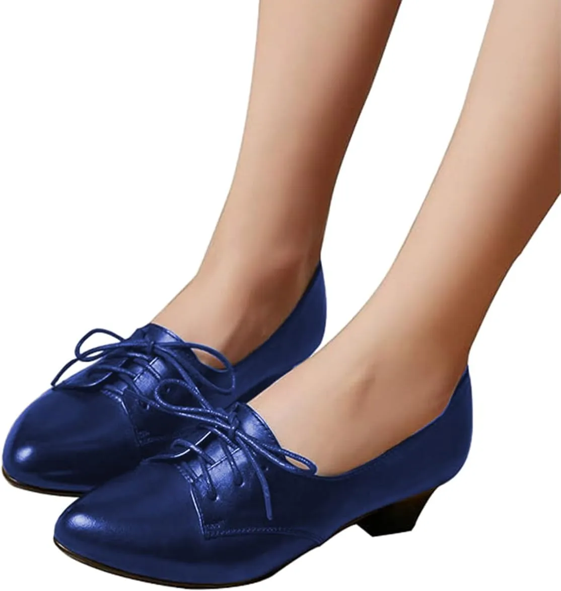 FOWT Women Comfort Lace-Up Loafers Pointed Closed Toe Chunky Block Low Heel Tie Up Slip-on Pumps Burnished Leisure Shoes for Ladies Girls Dress Jeans Party Full Size 4-15 M US