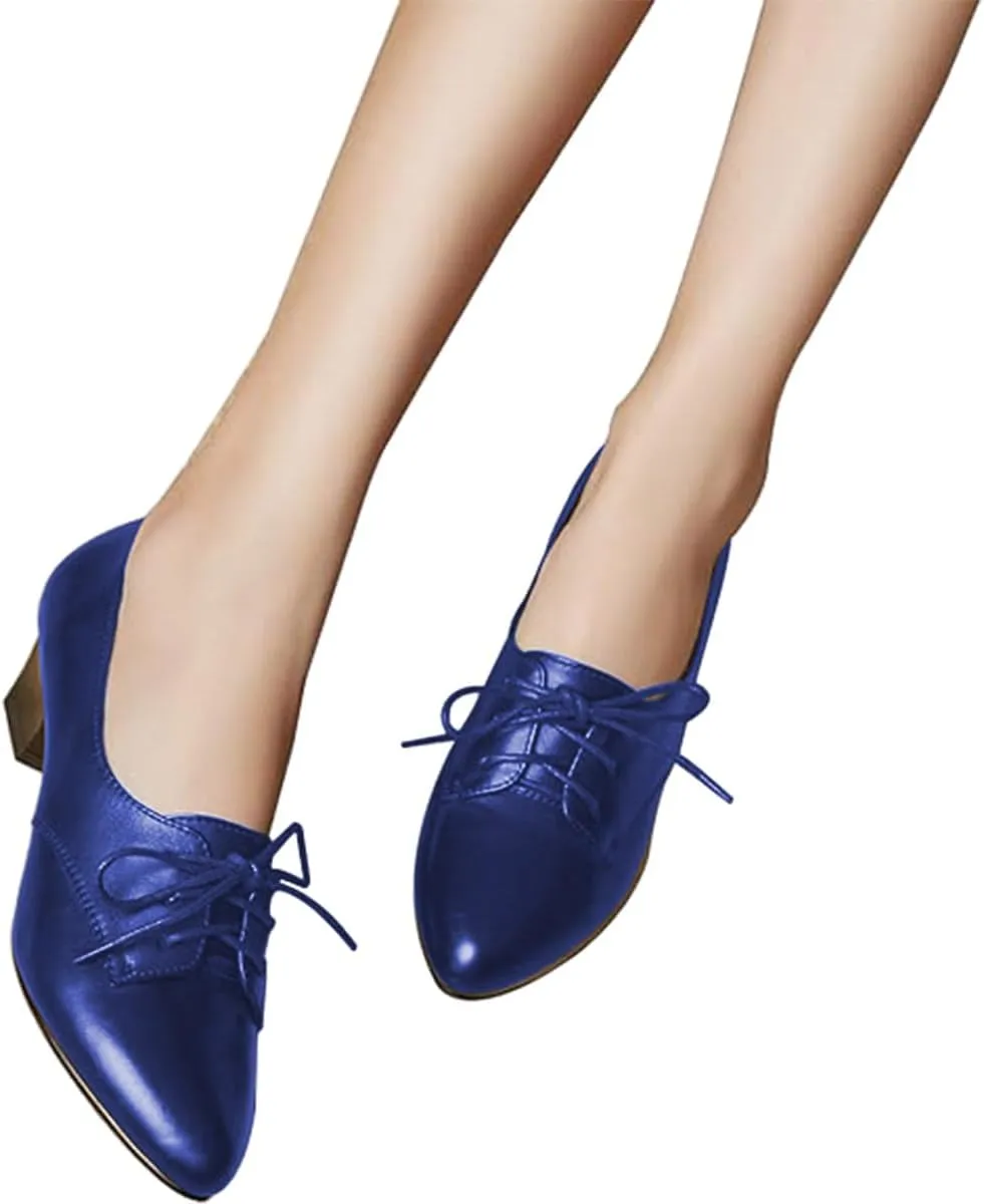 FOWT Women Comfort Lace-Up Loafers Pointed Closed Toe Chunky Block Low Heel Tie Up Slip-on Pumps Burnished Leisure Shoes for Ladies Girls Dress Jeans Party Full Size 4-15 M US
