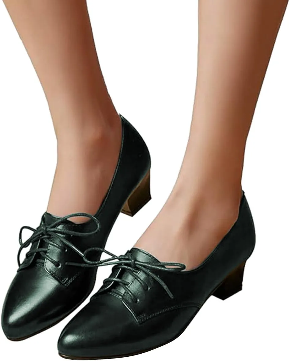 FOWT Women Comfort Lace-Up Loafers Pointed Closed Toe Chunky Block Low Heel Tie Up Slip-on Pumps Burnished Leisure Shoes for Ladies Girls Dress Jeans Party Full Size 4-15 M US