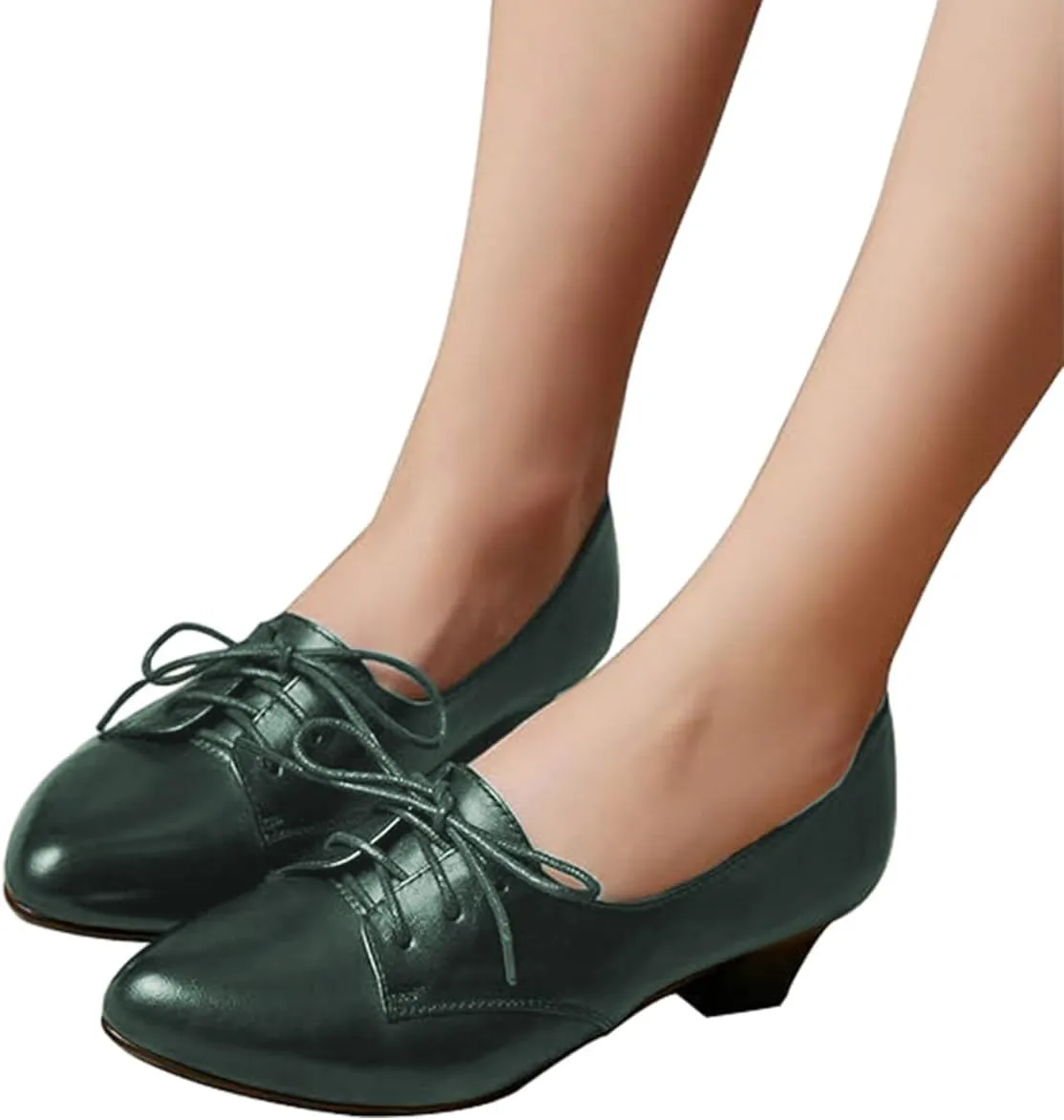 FOWT Women Comfort Lace-Up Loafers Pointed Closed Toe Chunky Block Low Heel Tie Up Slip-on Pumps Burnished Leisure Shoes for Ladies Girls Dress Jeans Party Full Size 4-15 M US