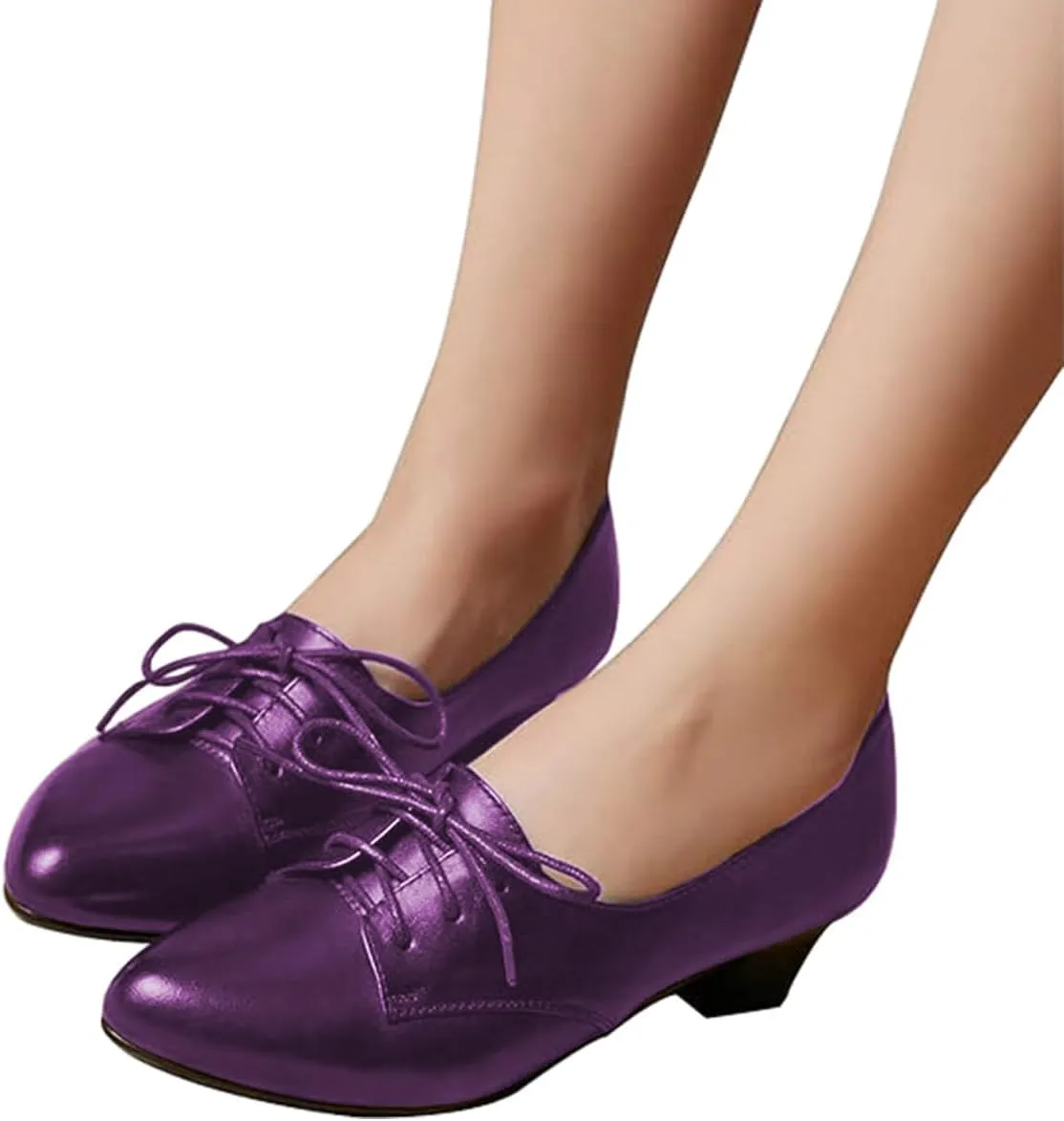 FOWT Women Comfort Lace-Up Loafers Pointed Closed Toe Chunky Block Low Heel Tie Up Slip-on Pumps Burnished Leisure Shoes for Ladies Girls Dress Jeans Party Full Size 4-15 M US