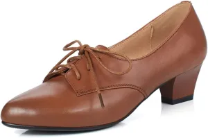 FOWT Women Comfort Lace-Up Loafers Pointed Closed Toe Chunky Block Low Heel Tie Up Slip-on Pumps Burnished Leisure Shoes for Ladies Girls Dress Jeans Party Full Size 4-15 M US