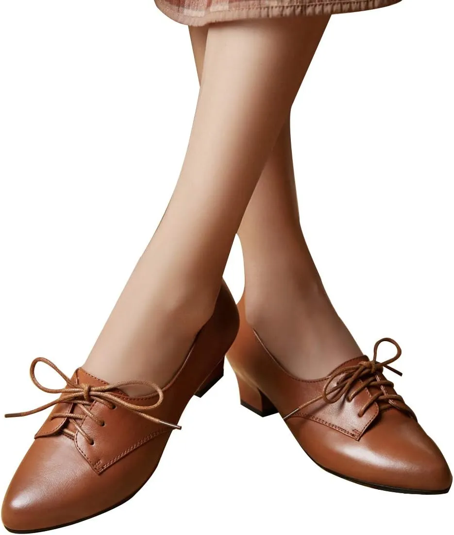 FOWT Women Comfort Lace-Up Loafers Pointed Closed Toe Chunky Block Low Heel Tie Up Slip-on Pumps Burnished Leisure Shoes for Ladies Girls Dress Jeans Party Full Size 4-15 M US
