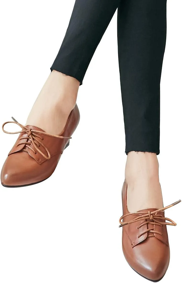 FOWT Women Comfort Lace-Up Loafers Pointed Closed Toe Chunky Block Low Heel Tie Up Slip-on Pumps Burnished Leisure Shoes for Ladies Girls Dress Jeans Party Full Size 4-15 M US