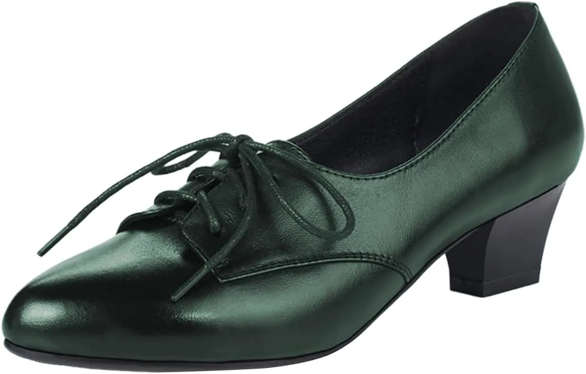 FOWT Women Comfort Lace-Up Loafers Pointed Closed Toe Chunky Block Low Heel Tie Up Slip-on Pumps Burnished Leisure Shoes for Ladies Girls Dress Jeans Party Full Size 4-15 M US