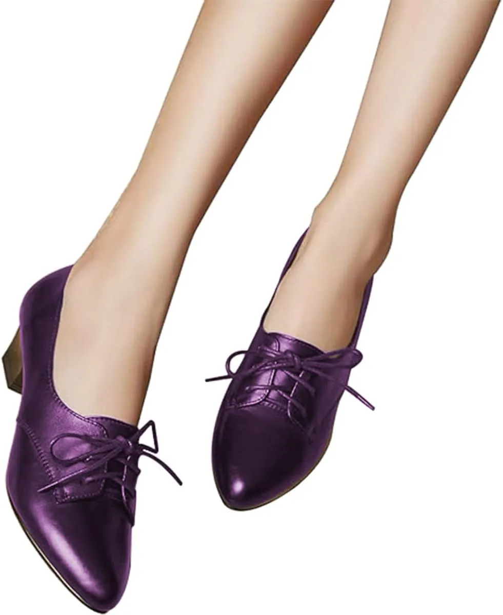 FOWT Women Comfort Lace-Up Loafers Pointed Closed Toe Chunky Block Low Heel Tie Up Slip-on Pumps Burnished Leisure Shoes for Ladies Girls Dress Jeans Party Full Size 4-15 M US