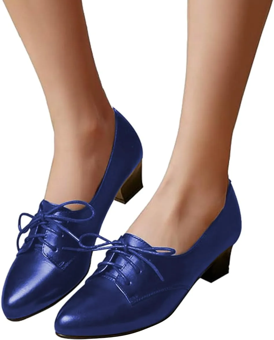 FOWT Women Comfort Lace-Up Loafers Pointed Closed Toe Chunky Block Low Heel Tie Up Slip-on Pumps Burnished Leisure Shoes for Ladies Girls Dress Jeans Party Full Size 4-15 M US