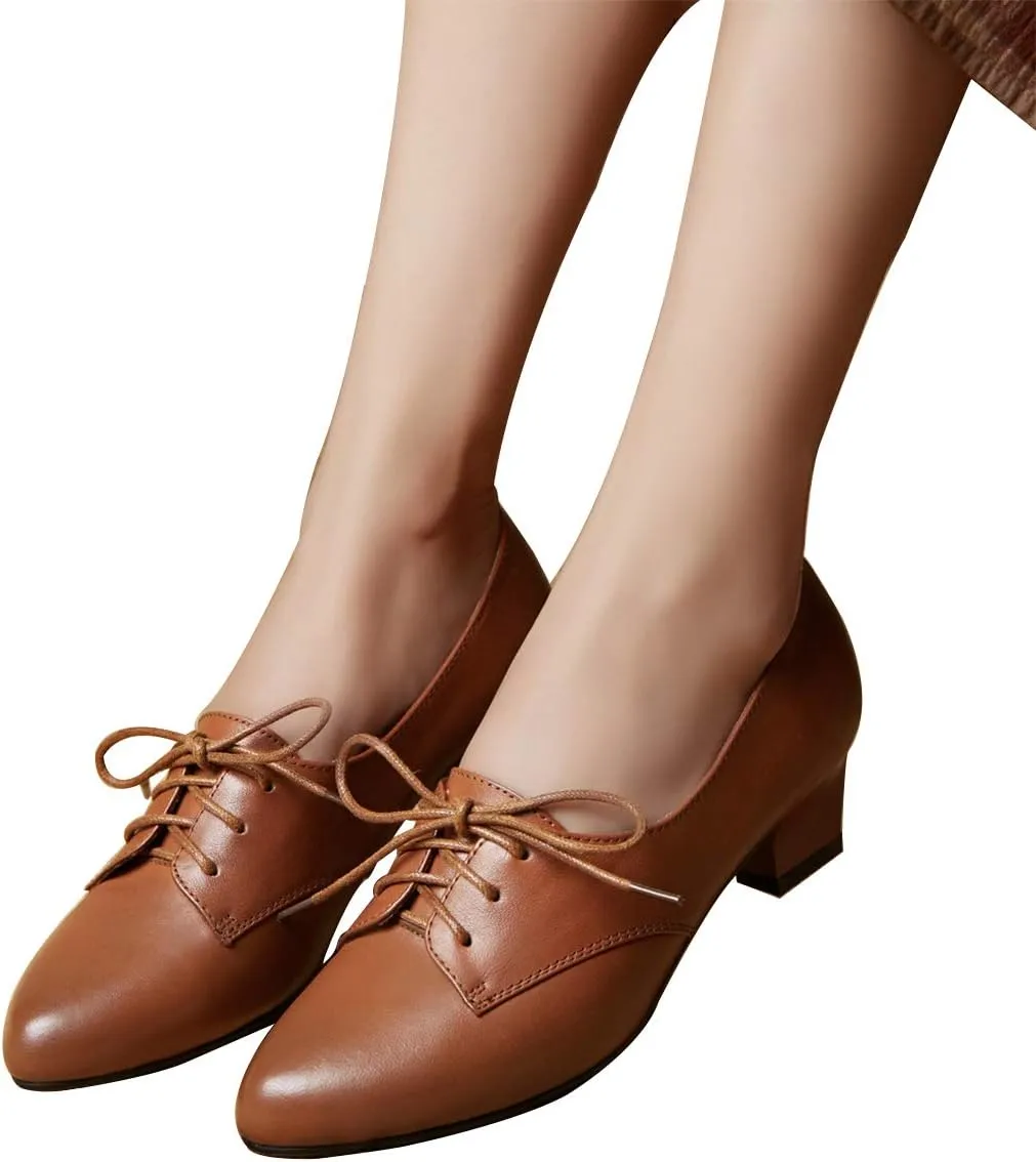 FOWT Women Comfort Lace-Up Loafers Pointed Closed Toe Chunky Block Low Heel Tie Up Slip-on Pumps Burnished Leisure Shoes for Ladies Girls Dress Jeans Party Full Size 4-15 M US