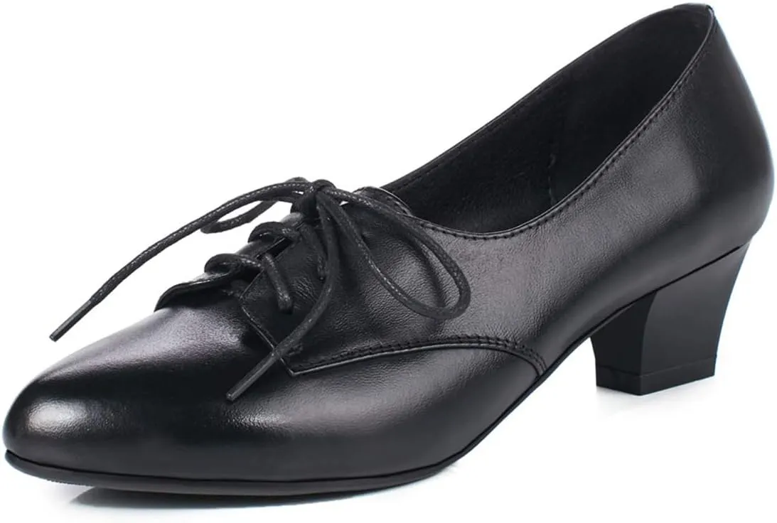 FOWT Women Comfort Lace-Up Loafers Pointed Closed Toe Chunky Block Low Heel Tie Up Slip-on Pumps Burnished Leisure Shoes for Ladies Girls Dress Jeans Party Full Size 4-15 M US