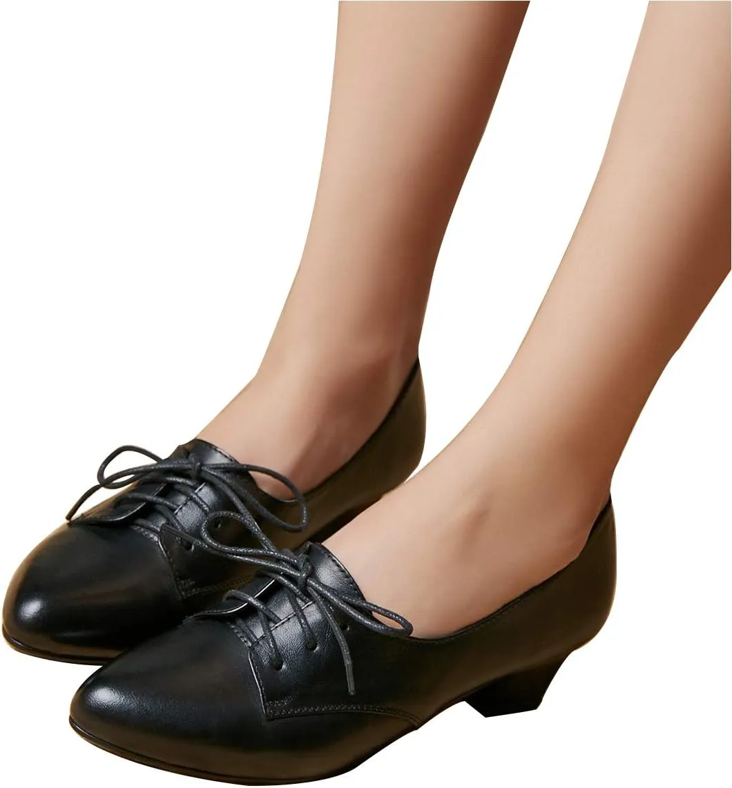 FOWT Women Comfort Lace-Up Loafers Pointed Closed Toe Chunky Block Low Heel Tie Up Slip-on Pumps Burnished Leisure Shoes for Ladies Girls Dress Jeans Party Full Size 4-15 M US