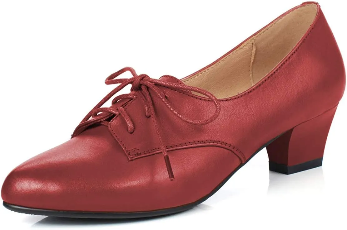 FOWT Women Comfort Lace-Up Loafers Pointed Closed Toe Chunky Block Low Heel Tie Up Slip-on Pumps Burnished Leisure Shoes for Ladies Girls Dress Jeans Party Full Size 4-15 M US